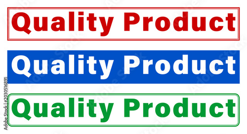 Three colorful quality product labels with different background colors