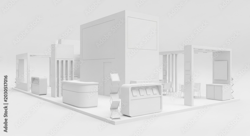 Fototapeta premium White minimalist 3D model of an empty exhibition stand or trade show booth design.