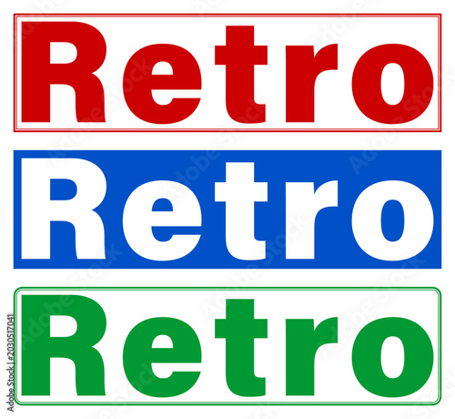 Three retro text logos in red blue and green colors