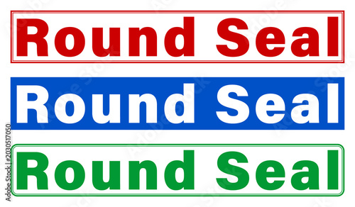 Three colorful round seal text labels with different background colors