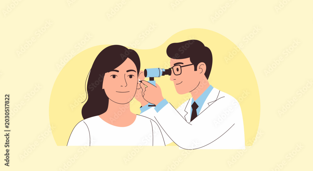 Fototapeta premium Doctor Examines Patient's Ear with Otoscope - Medical Illustration