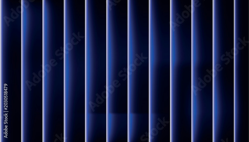 Dark blue vertical glowing light columns arranged in sequence creating elegant abstract background for high tech industrial designs.