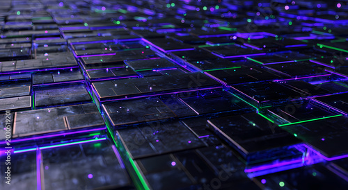 Gros plan d'un circuit imprimé futuriste lumineux, fond abstrait pour concepts technologiques, cybersécurité et intelligence artificielle