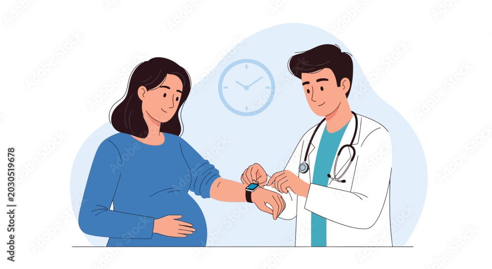 Fototapeta premium Doctor checks smartwatch on pregnant woman's wrist during medical check-up