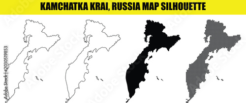 Tableau sur toile Kamchatka krai russia map silhouette illustration in white outline filled and dotted styles