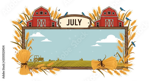 Foto July Calendar Month Header with Farm Barns and Wheat Field Illustration