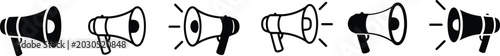 Megaphone and loudspeaker icon set featuring audio broadcast amplifier symbols isolated on white background vector illustration