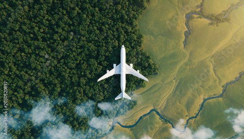 Aerial top view of white commercial airplane flying over dense green forest and open grassy fields with winding river