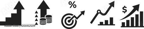 Photos Set of business growth and financial success icons showing upward arrows, charts