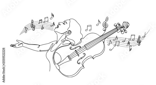 Foto Woman Singing with Violin and Musical Notes - Elegant Line Art Illustration