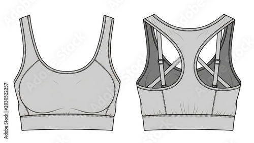 Women's sports bra illustration with front and back views showcased
