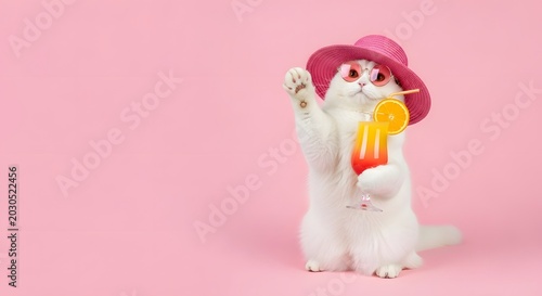 Funny White Cat Wearing Pink Hat and Sunglasses Holding Tropical Cocktail Drink on Pink Background with Copy Space, Summer Vacation Concept