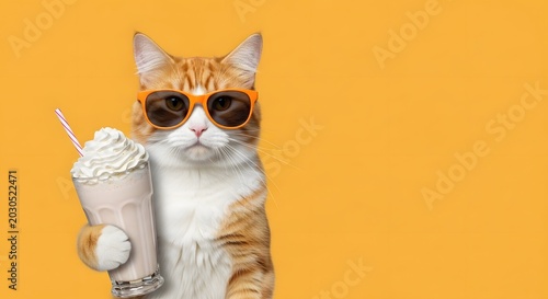 Funny Ginger Cat Wearing Orange Sunglasses Holding Milkshake with Whipped Cream on Orange Yellow Background, Summer Concept