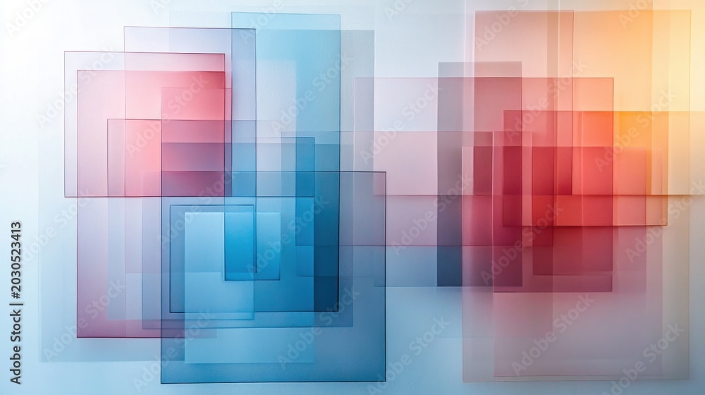 Fototapeta premium Geometric abstraction with overlapping squares and gradients on a white background in a minimalist style