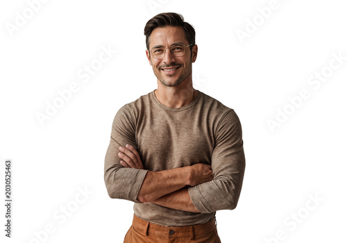 A smiling man standing confidently isolated on transparent background. Generative Ai