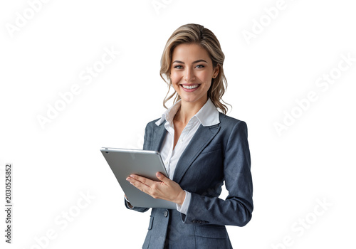 Professional Woman in Blue Suit Holding Tablet isolated on transparent background. Generative Ai