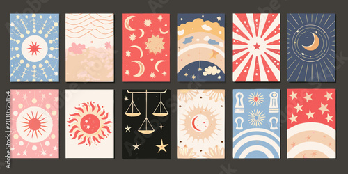 tarot card illustrations set of twelve decorative celestial designs