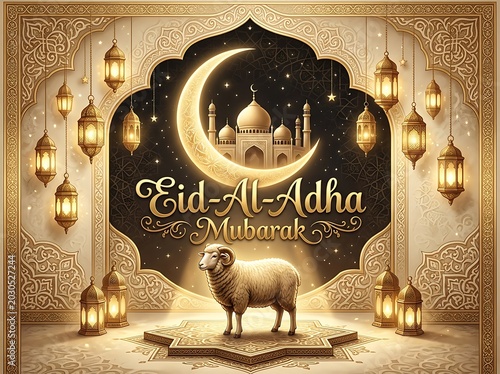 Eid Al Adha Mubarak Islamic Festival Celebration with Sheep and Mosque.