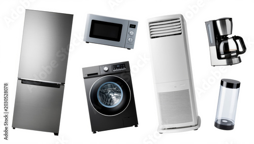 Modern Home Appliances Collection Isolated on White Background