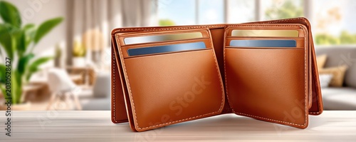 Open brown leather wallet on table with empty card slots symbolizing budgeting and personal finance