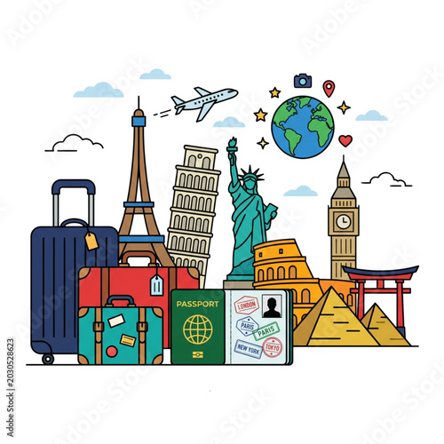 World Famous Travel Landmarks Collage with Luggage Vector Illustration