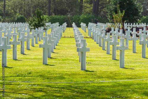 Obraz na płótnie Military memorial cemetery with repeating rows of white grave markers