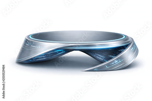 Futuristic metallic arch podium with cyber blue neon light isolated on white background for product presentation