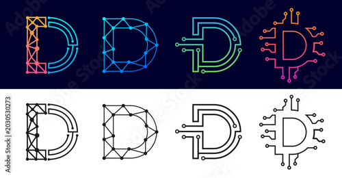 Letter D technology logo design set featuring circuit, network node, and geometric polygon mesh styles in colored and black-and-white versions.