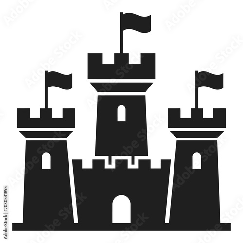 Stylized black silhouette of a medieval castle with three towers and flags isolated on transparent background icon