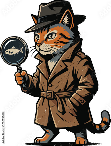 A cartoon cat detective in a trench coat.