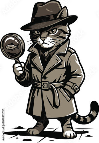 A cartoon cat detective in a trench coat.