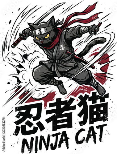 Cartoon ninja cat in action pose.
