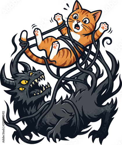 cartoon cat fighting a demon creature.