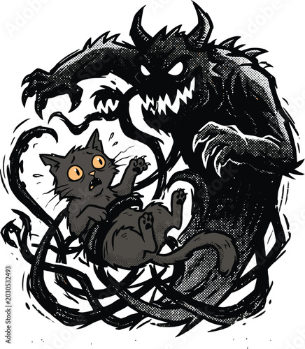 A frightened black cat faces a monster.