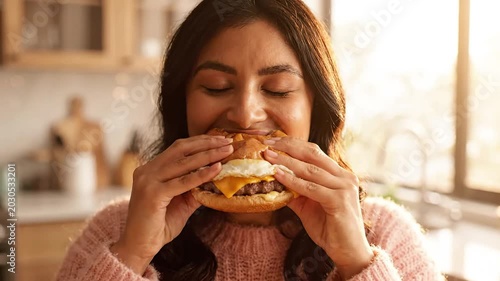 Smiling woman joyfully bites into a delicious cheesy beef burger with egg, savoring her indulgent fast food lunch. Perfect for a quick, satisfying, and tasty comfort meal at home.