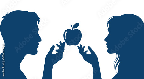 Bilde på lerret Couple Silhouettes Reaching for Apple, Temptation Concept