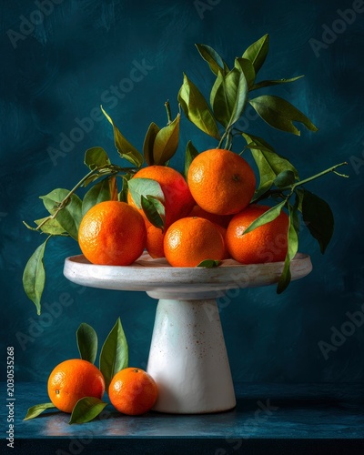 Fresh mandarin oranges with green leaves on a white ceramic pedestal stand, rustic still life photography on a dark teal textured background.