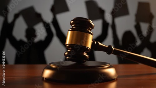 Judges gavel on table with protest silhouette.