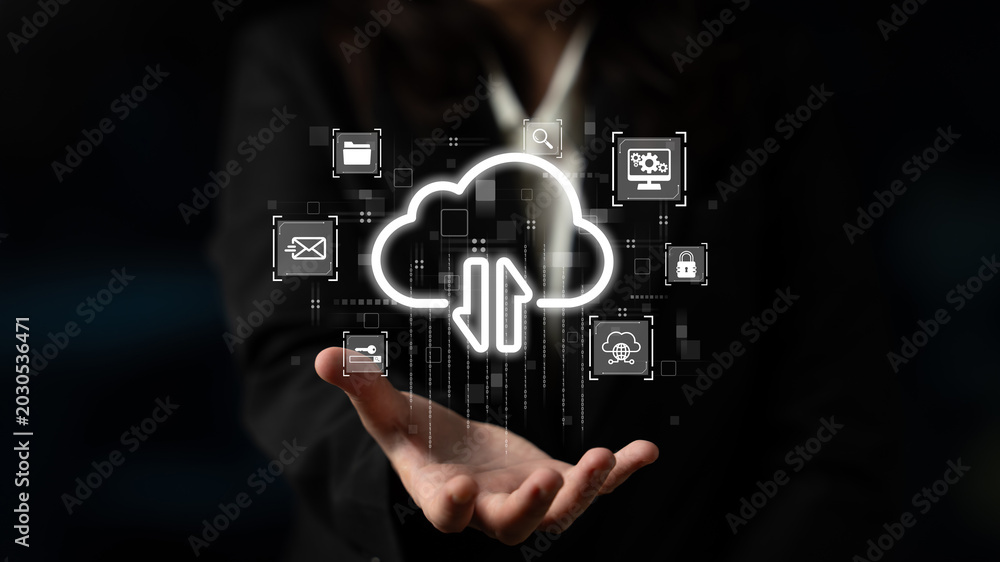 Obraz premium Cloud computing enables digital growth with secure data storage, scalable infrastructure, and strategic cloud-based business solutions. Latch