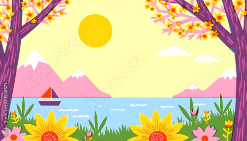 summer landscape with trees and flowers colorful illustration