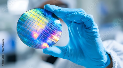 Close-up of a scientist in blue gloves holding a silicon wafer with colorful patterns.