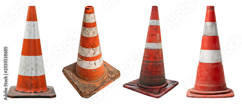 Quadro su tela Four dirty and weathered traffic cones, showing wear and tear, symbolizing roadwork and safety