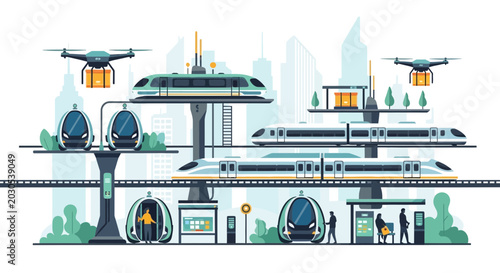 Fotografía Futuristic City Transport: Drones, Maglev Trains, Pods, and Skyports