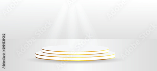 Abstract 3d round scene for product display. Podium in white background with gold lines and light lights. Luxury abstract stage pedestal or scene platform. Vector illustration.