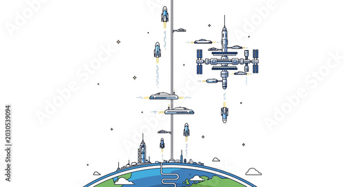 Bild auf Leinwand Futuristic Spaceport Launching Rockets from Earth to Orbit