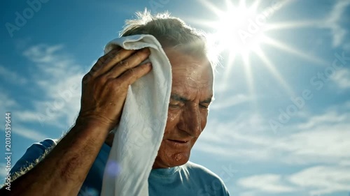 Man wiping sweat in bright sunny day.