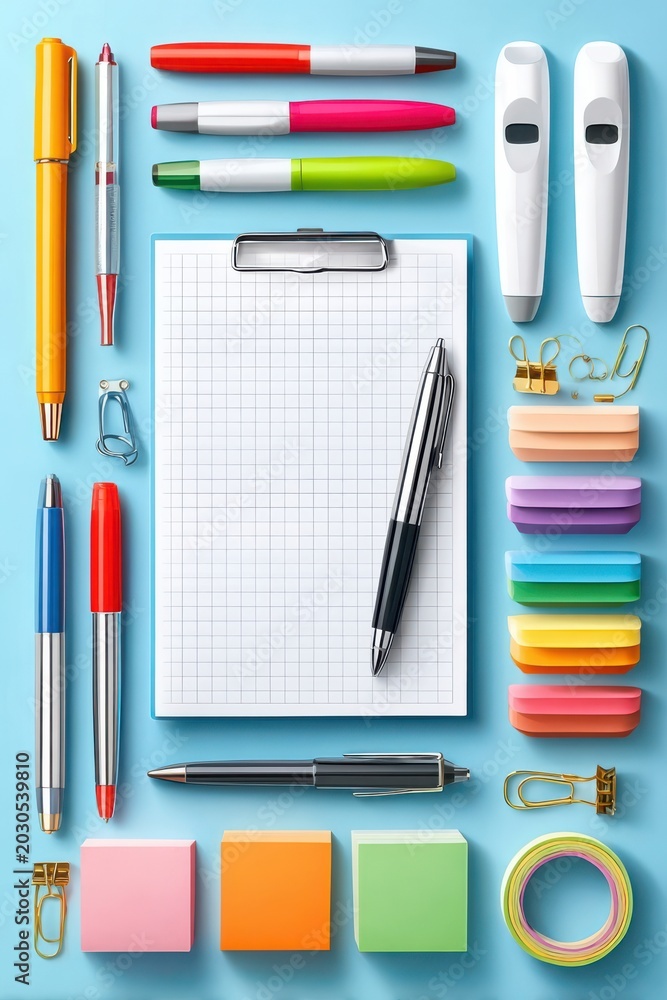 Fototapeta premium Colorful office stationery flat lay with clipboard, pens and sticky notes for organized workspace
