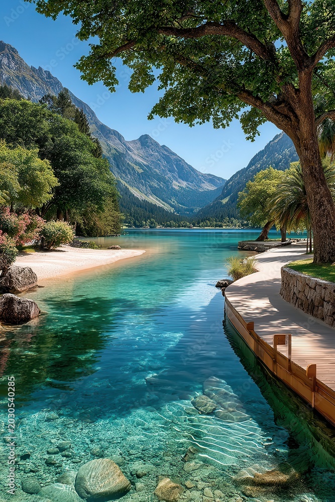 Obraz premium Tranquil alpine lake with crystal-clear turquoise water, mountains, sandy beach and shaded boardwalk
