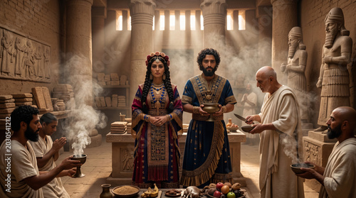 Ancient Sumerian royal couple in ceremonial attire with attendants and artifacts