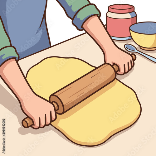 Tablou pe pânză Hands of a baker using a wooden rolling pin to flatten yellow dough for cooking vector illustration
